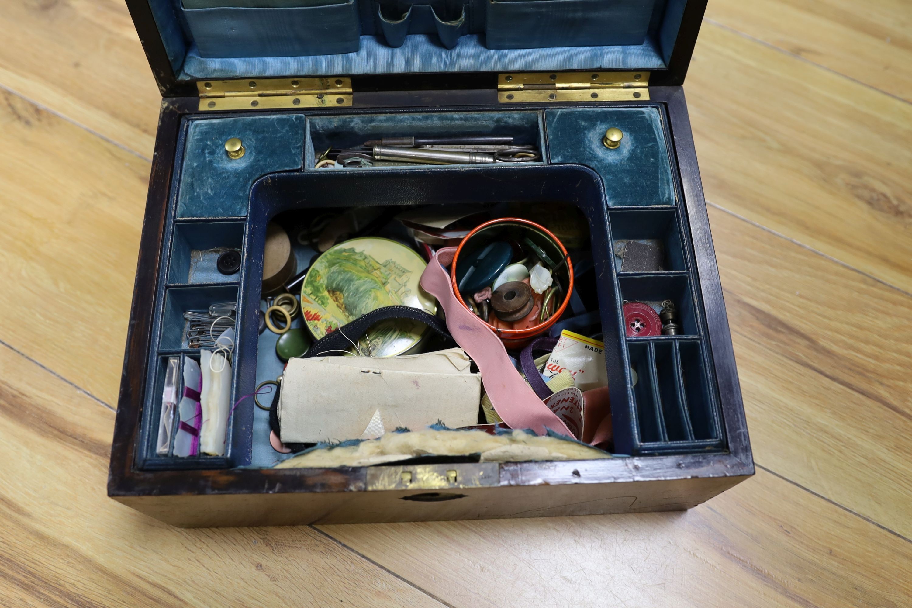 A Victorian burr walnut sewing box, 30cm, and contents